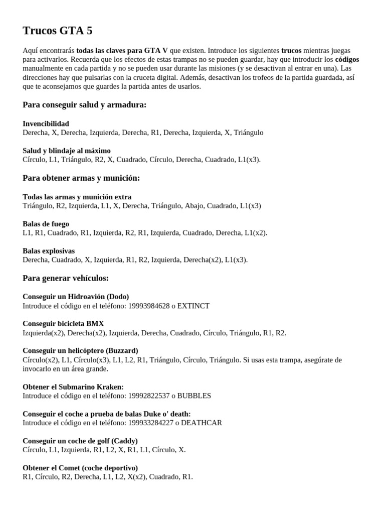 Trucos y códigos para GTA 5 PS3 | PDF