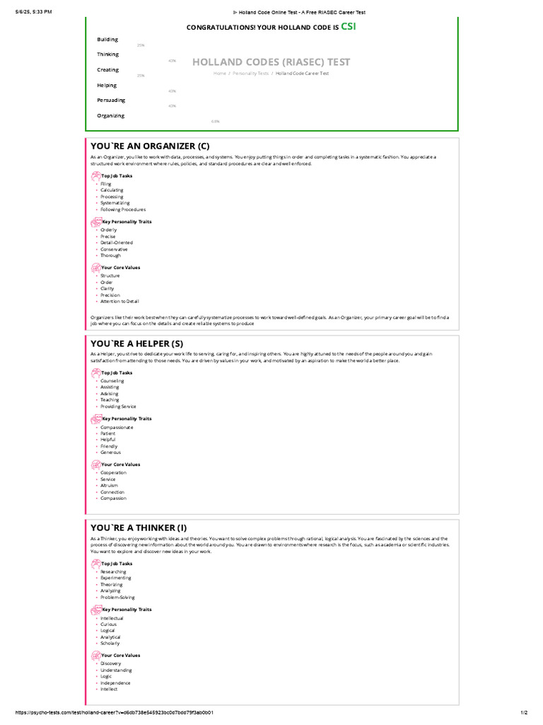 Free Holland Code RIASEC Test Results | PDF | Psychology | Behavioural ...