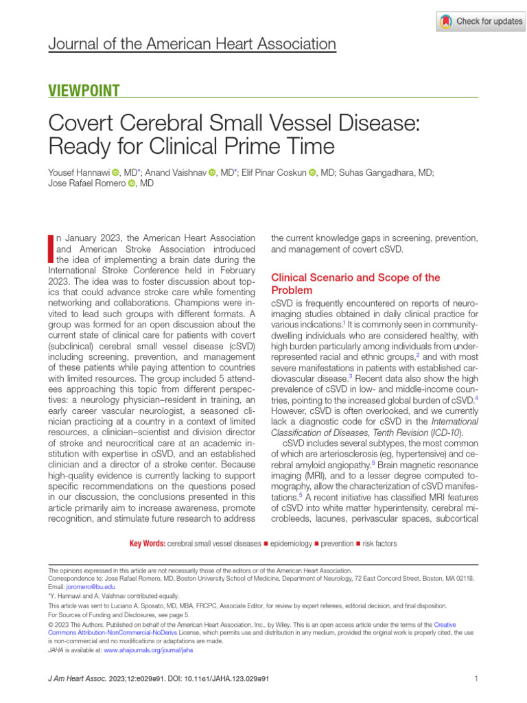 Covert Cerebral Small Vessel Disease, AHA 2023 | PDF | Stroke ...