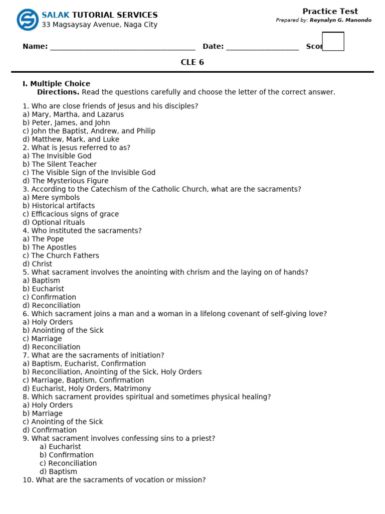 Practice Test in CLE 6 - Quarter 3 | PDF | Sacraments | Confirmation