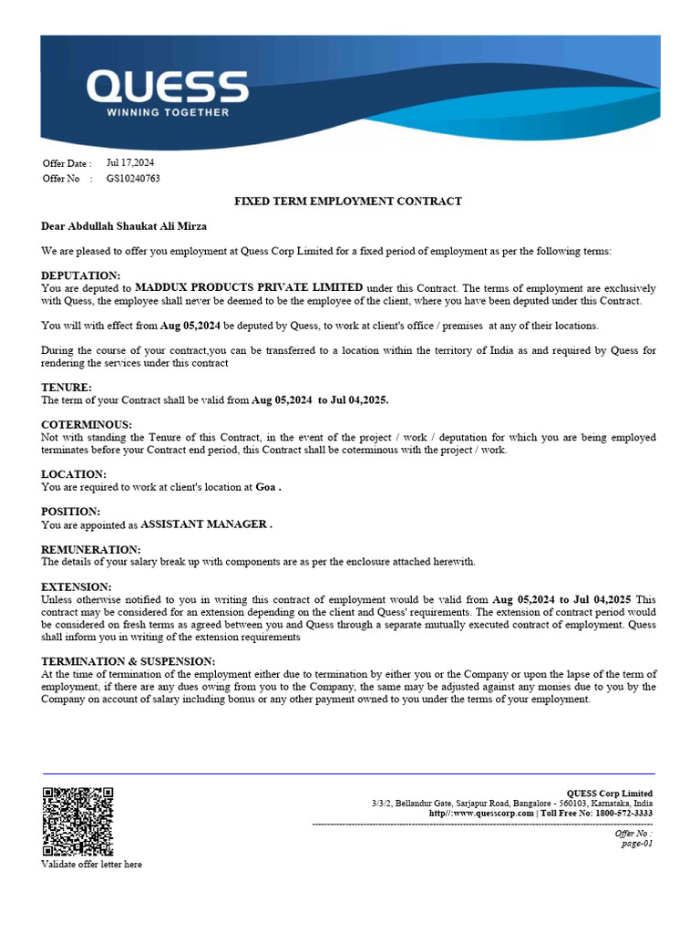 Quess Corp Employment Offer Details | PDF | Employment | Indemnity
