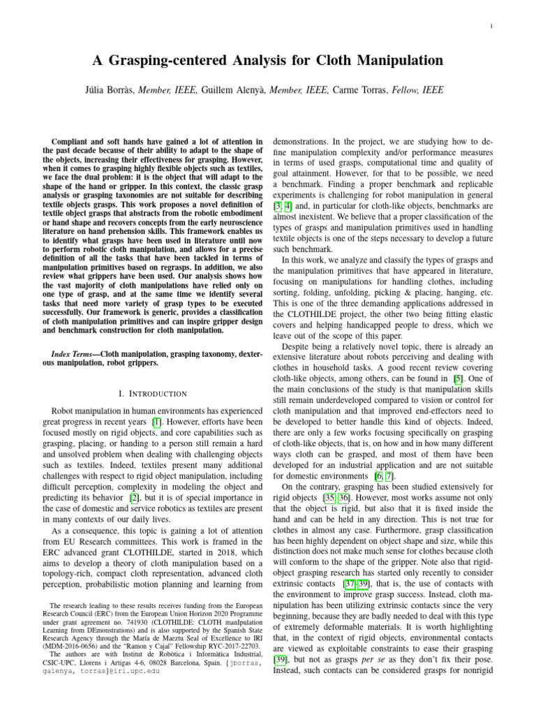 2334 A Grasping Centered Analysis For Cloth Manipulation | PDF | Hand ...