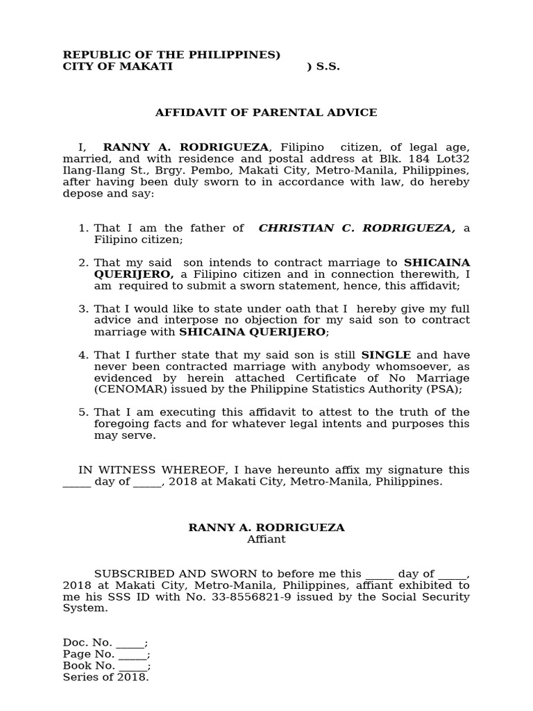 Affidavit of Parental Advice for Marriage | PDF | Affidavit | Legal ...