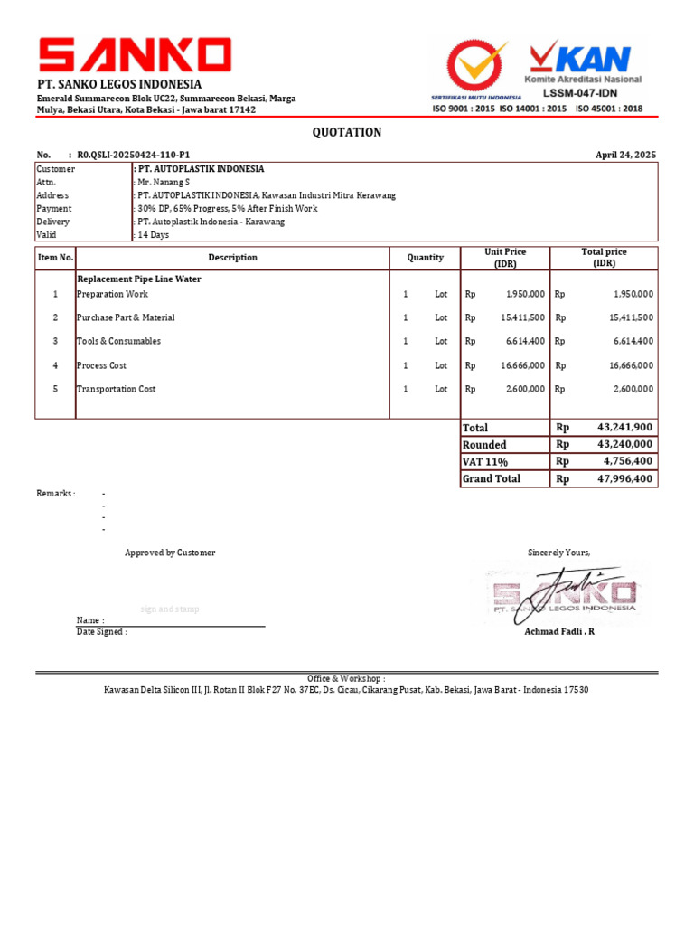 Quotation for Water Pipeline Replacement | PDF | Marketing | Pricing