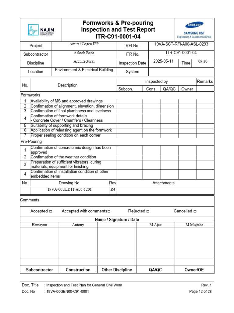 Formworks & Pre-Pouring Inspection and Test Report ITR-C91-0001-04 | PDF