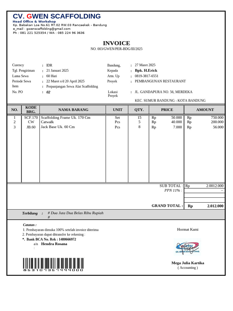 Invoice Sewa Scaffolding Bandung | PDF
