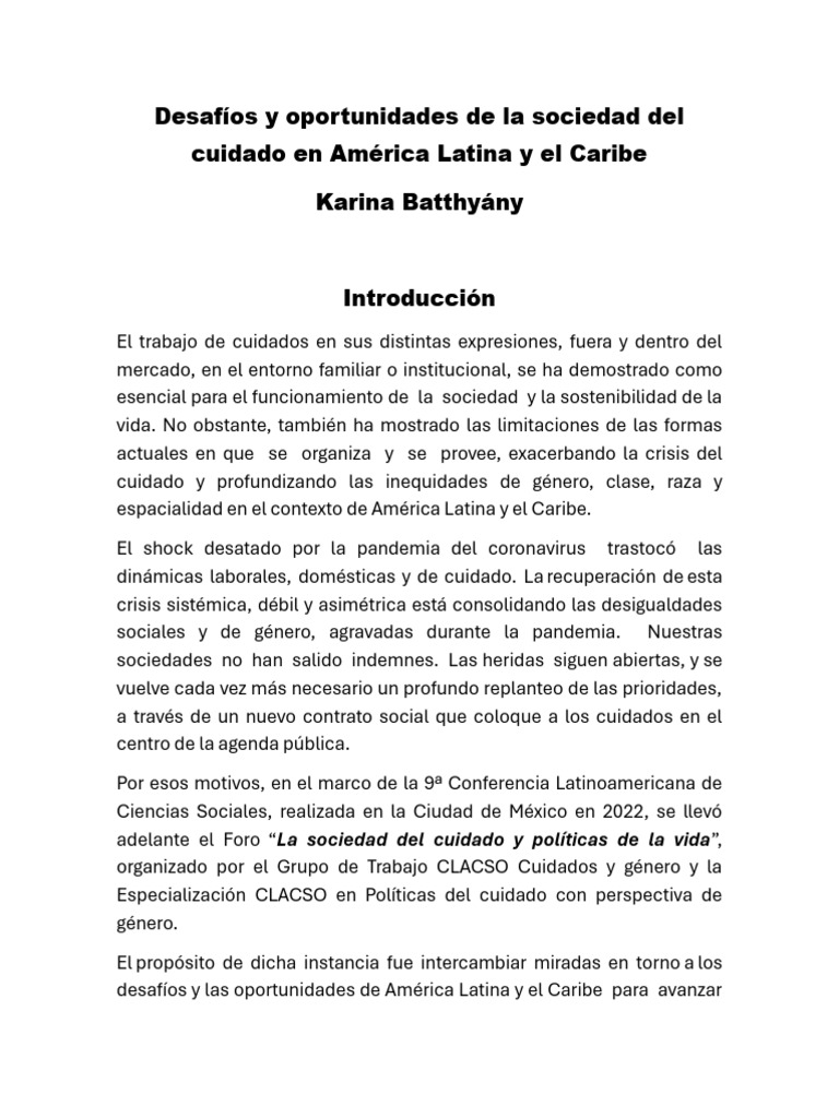 Desafíos y Oportunidades de La Sociedad Del Cuidado en América Latina y ...