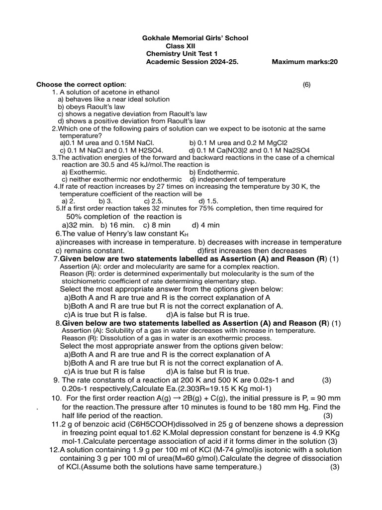 Unit Test 1 Class 12 - 2024 2 | PDF | Chemical Reactions | Chemistry