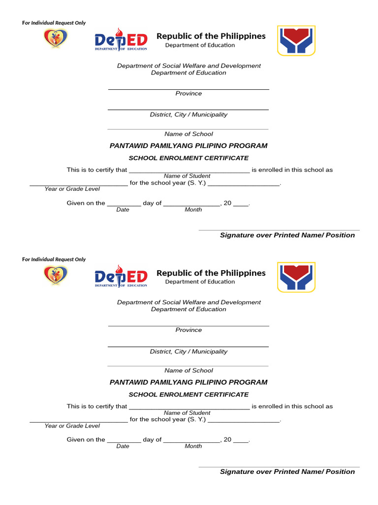 Pantawid Pamilya School Enrollment Certificate | PDF