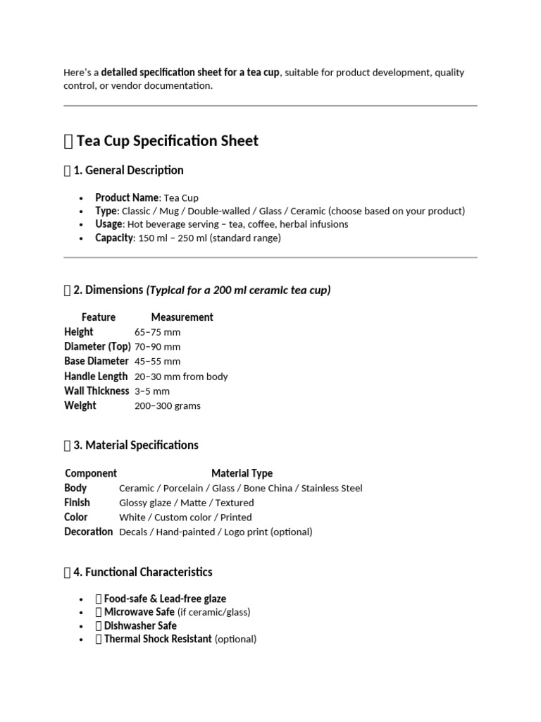 Tea Cup Size and Specification Guide | PDF