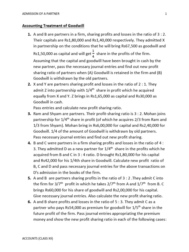 Admission of Partners: Journal Entries & Ratios | PDF | Goodwill ...