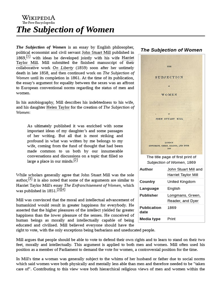 The Subjection of Women: Mill's Equality Argument | PDF