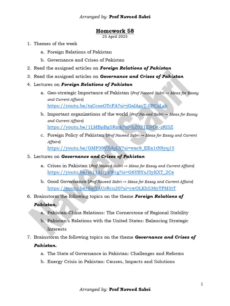 Homework 58: Foreign Relations of Pakistan Governance and Crises of ...