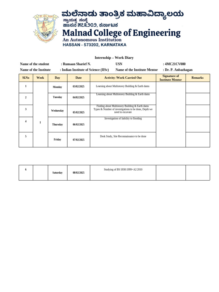 Internship Work Diary: Civil Engineering | PDF | Earth Sciences