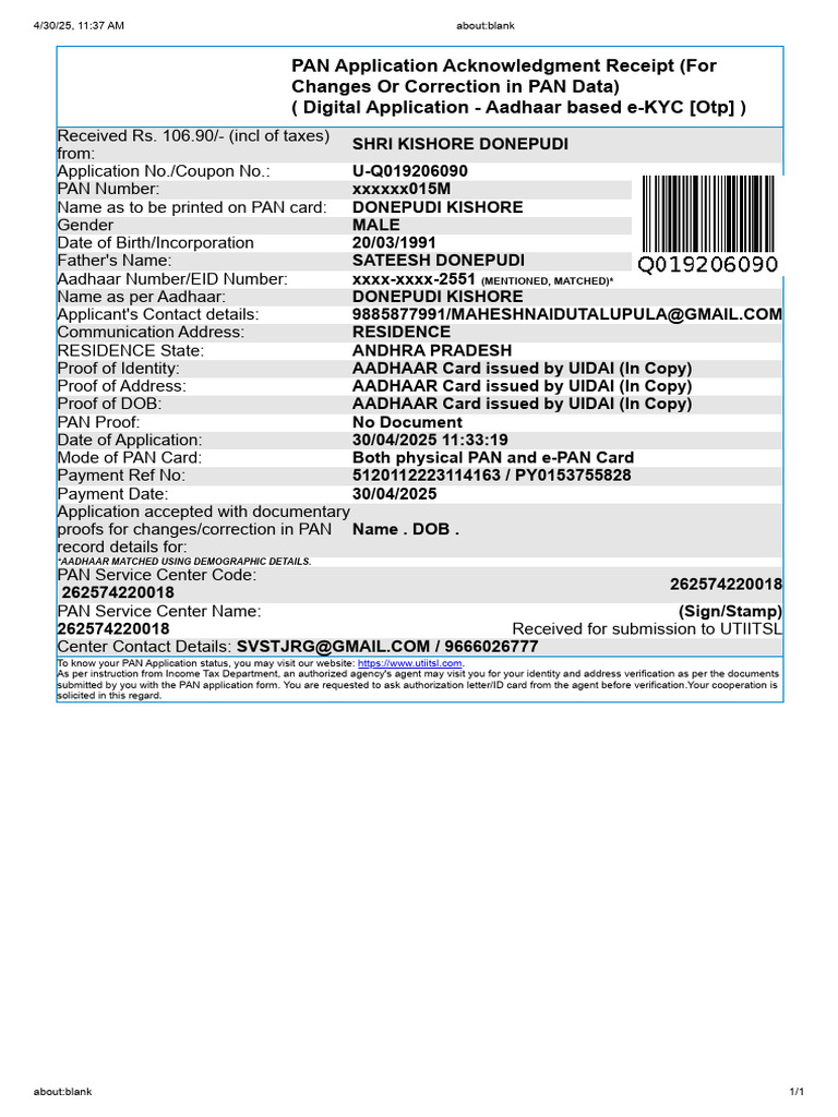 PAN Application Acknowledgment for Kishore | PDF | Applications Of ...