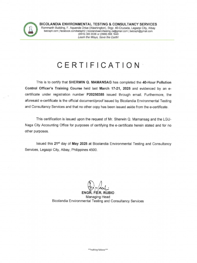 E-Certificate Certification-Mamansag | PDF