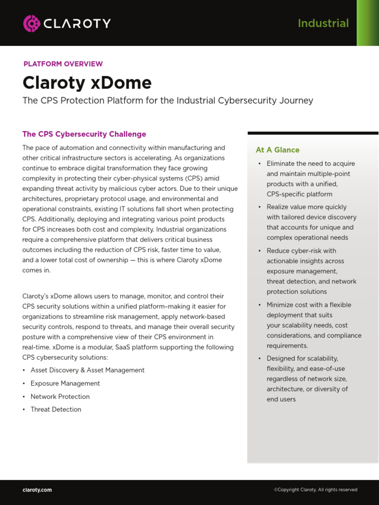 Claroty xDome: Industrial Cybersecurity Platform | PDF | Computer ...
