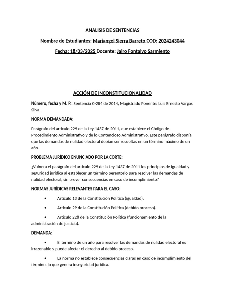 Analisis de Sentencias Mariangel Sierra | PDF | Caso de ley | Debido al ...