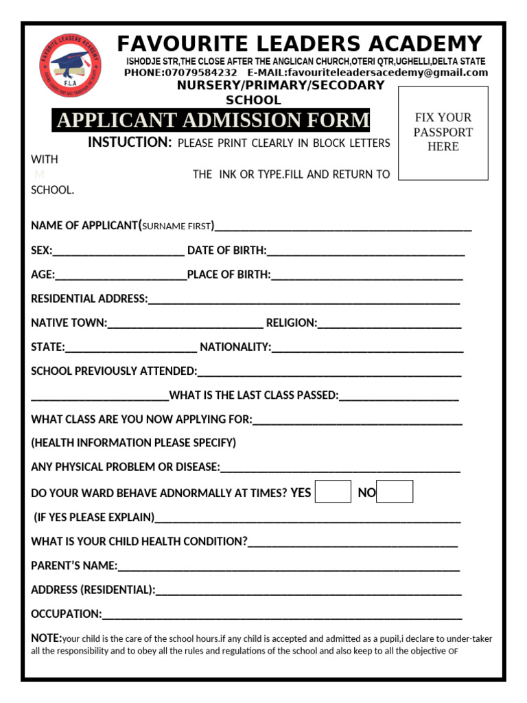 Favourite Leaders Academy Admission Form | PDF