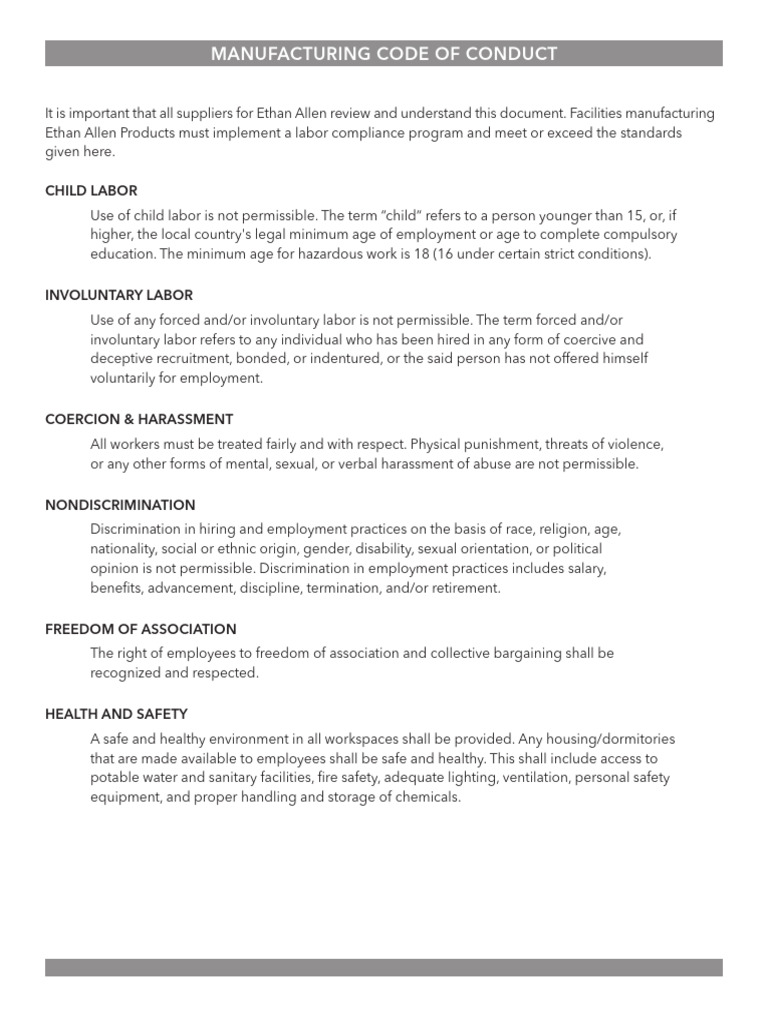 Manufacturing Code of Conduct | PDF | Overtime | Employment
