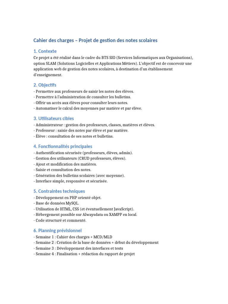 Cahier des charges gestion des notes scolaires | PDF