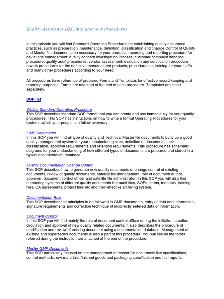 Quality Assurance (QA) Management Procedures: SOP List | PDF | Quality ...