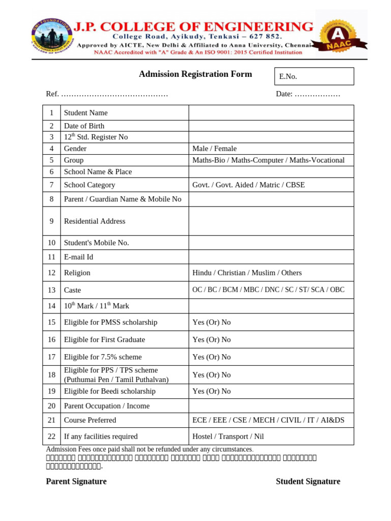 Admission Registration Form Template | PDF
