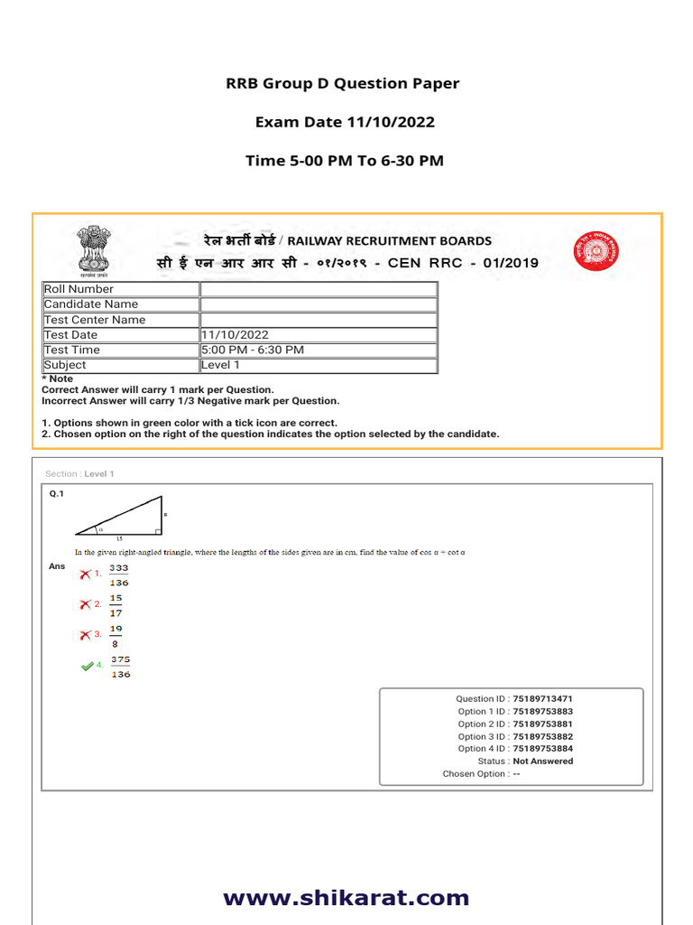 RRB Group D Question Paper 11 10 2022 Shift 3rd English Version | PDF ...