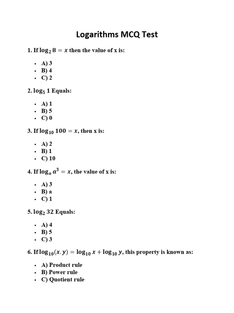 Logarithms MCQ Practice Test | PDF | Mathematics | Mathematical Analysis