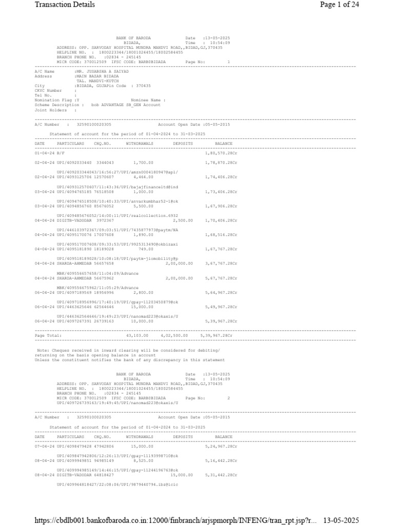 Bank Statement Summary for 2024-2025 | PDF | Banks | Cheque