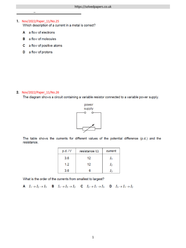 IGCSE 0625 Electricity Papers 2022 | PDF