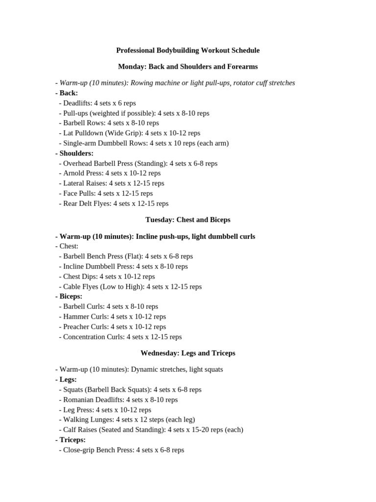 Professional Bodybuilding Schedule | PDF | Weight Training | Strength ...