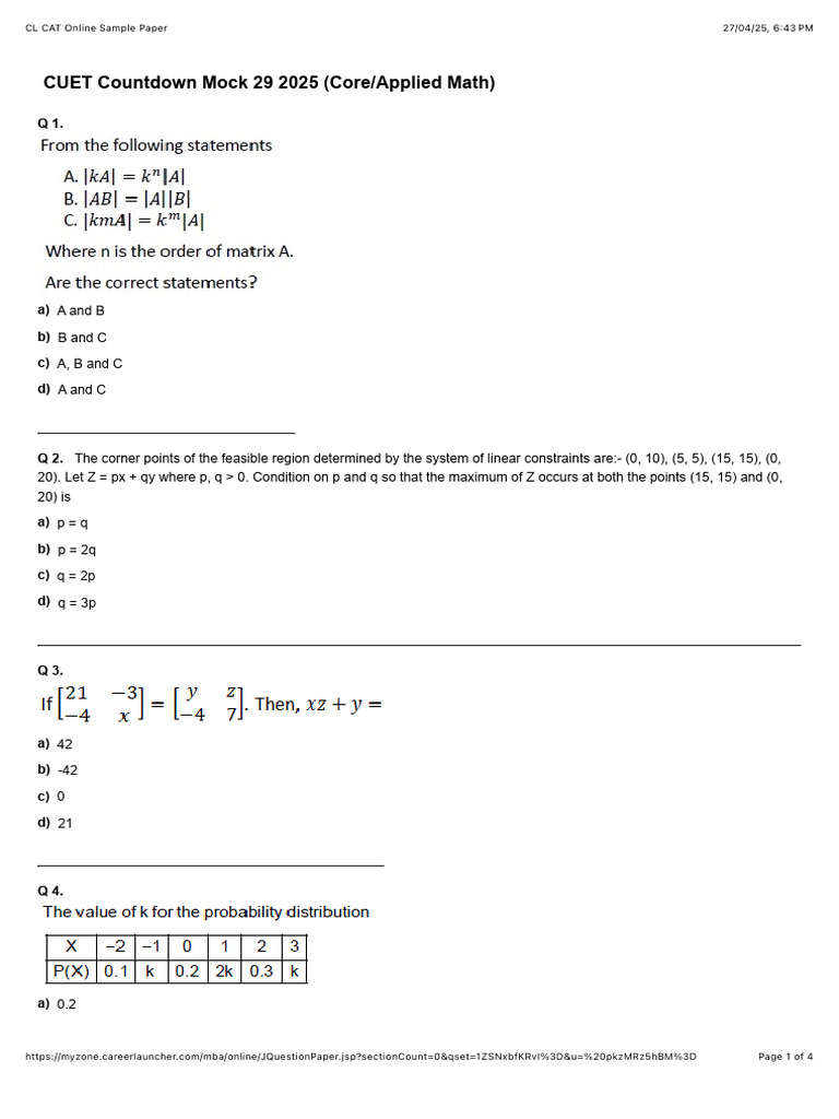 CL CAT Online Sample Paper 2025 | PDF | Matrix (Mathematics) | Matrix ...