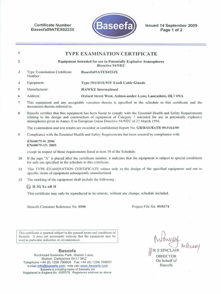 Baseefa09ATEX0233X 501453univ Exnr | PDF