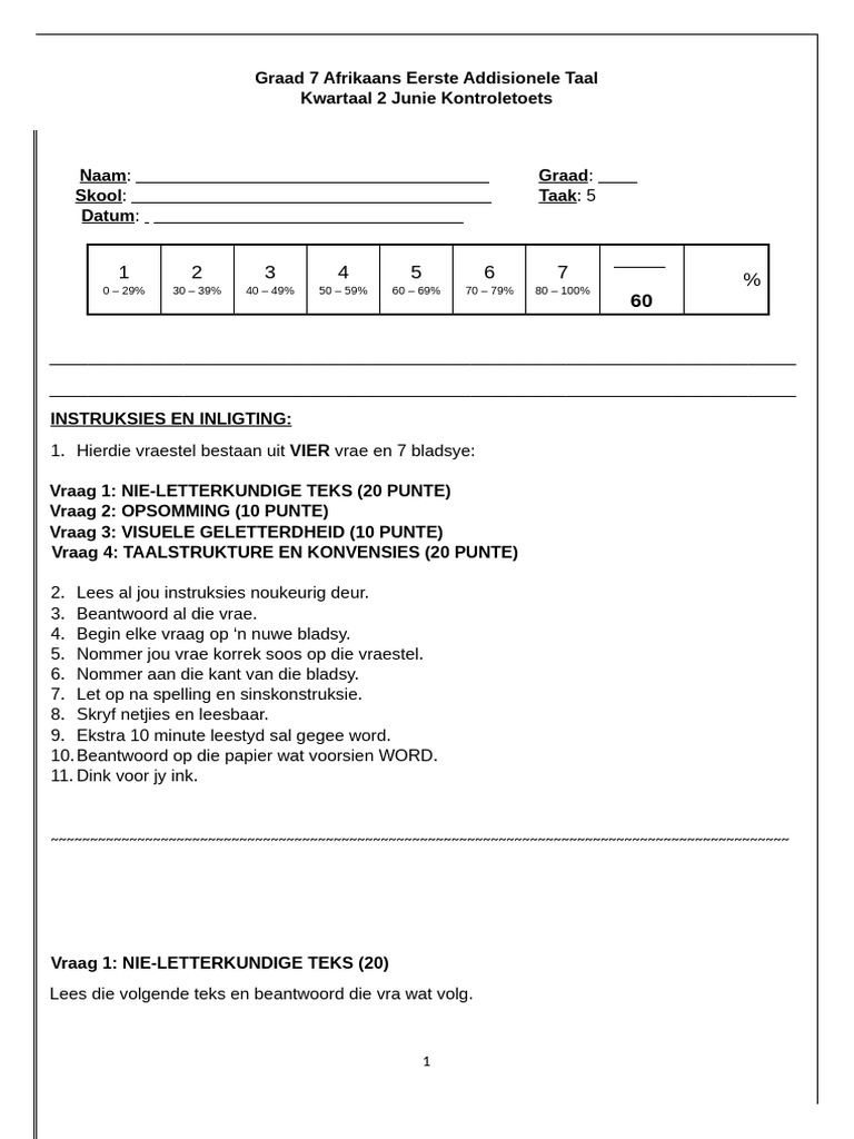 GR 7 Afrikaans Kwaartal 2 Junie Toets 2025 | PDF