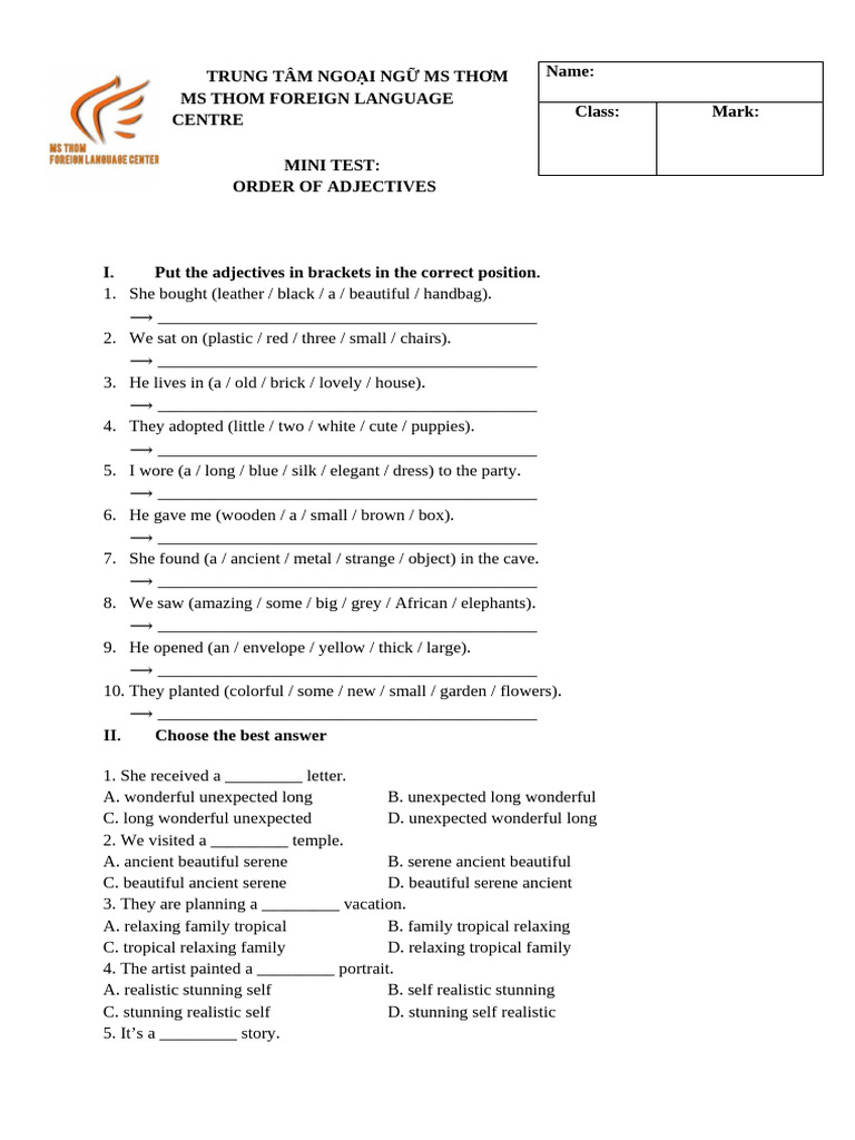 Module 18 - Order of Adjectives | PDF