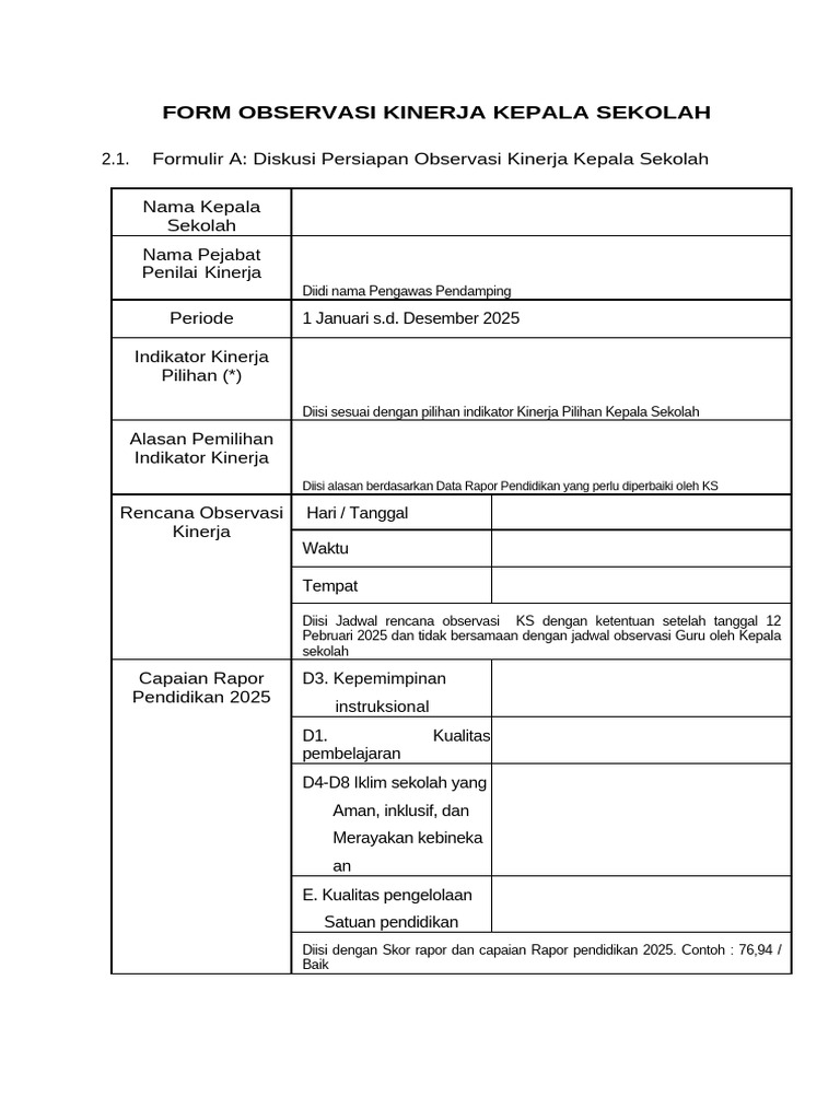 Formulir Observasi Kinerja Kepala Sekolah 2025 Pdf