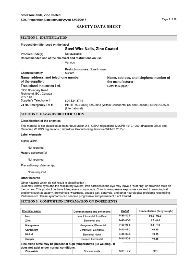 Zinc Coated Steel Wire Nails SDS | PDF | Resource Conservation And ...