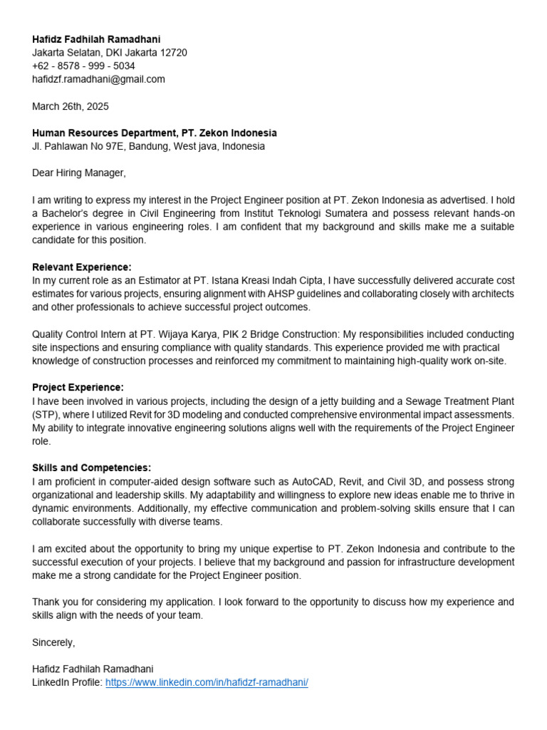 Project Engineer Application - Hafidz Ramadhani | PDF | Engineering ...
