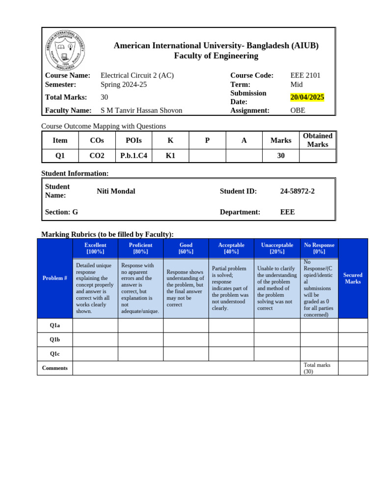 Electrical Circuits 2 (AC) - OBE Mid Assignment - Spring 2024-25 - G ...