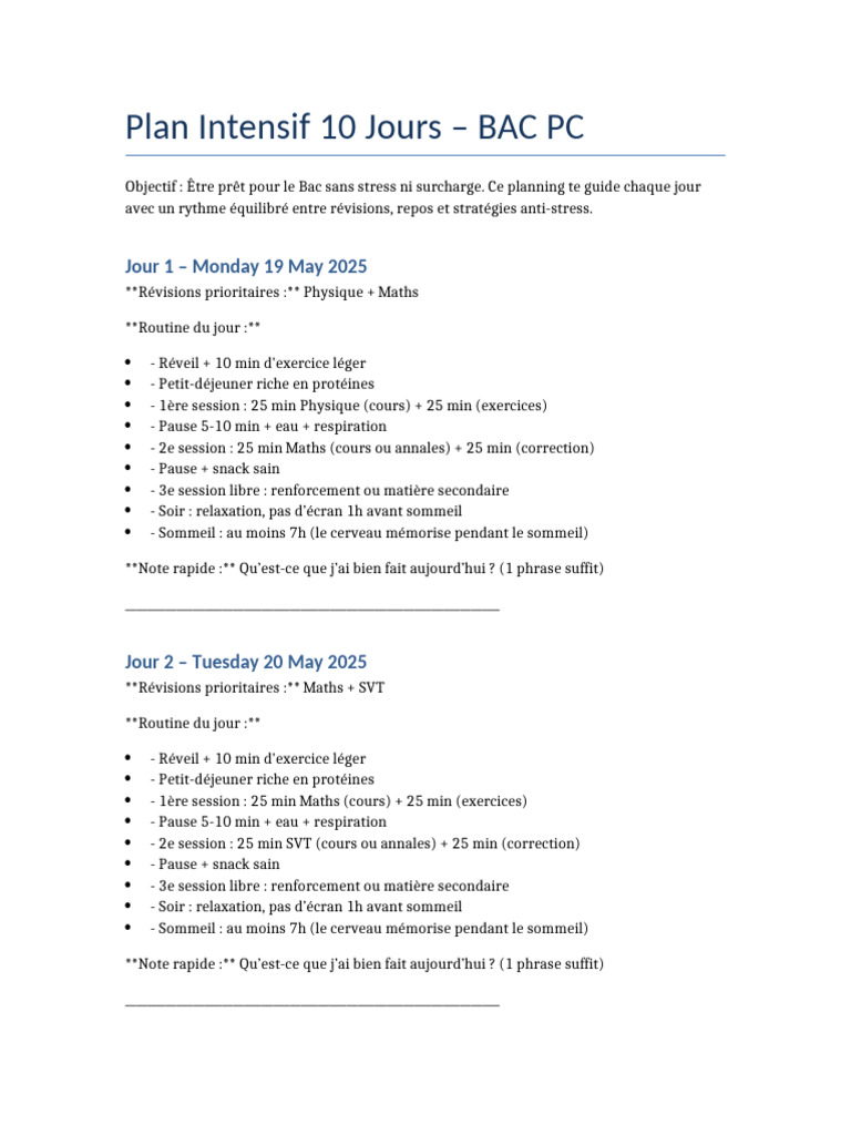 Plan de Révisions Bac PC en 10 Jours | PDF | Sommeil | Sciences ...