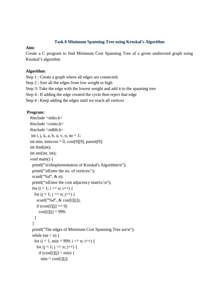 C Program for Kruskal's MST Algorithm | PDF | Computational Complexity ...