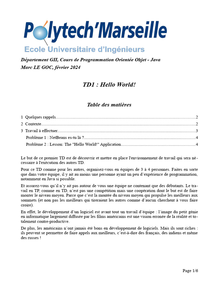 Introduction à Java : TD1 Hello World | PDF | Java (Langage de ...