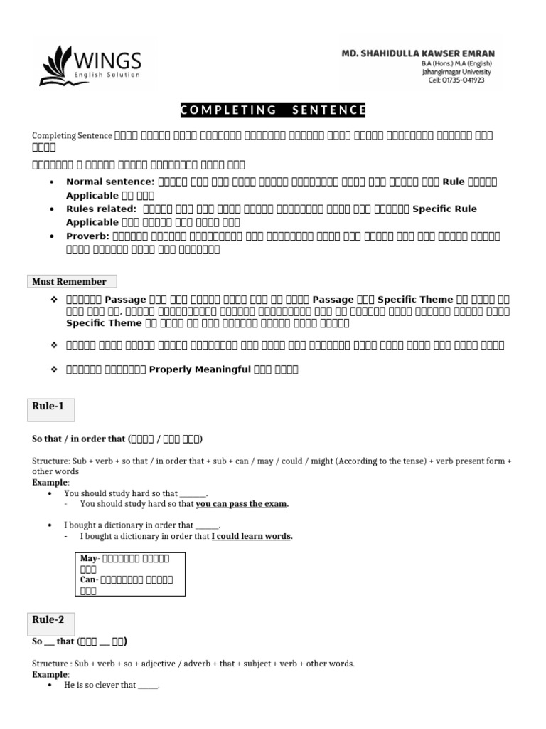 Completing Sentences: Rules & Examples | PDF | Verb | Grammatical Tense