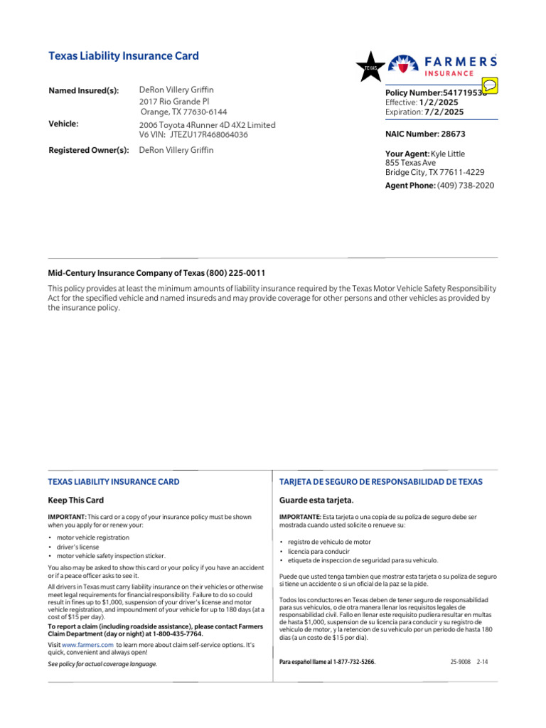 Texas Liability Insurance Card Details | PDF | Road Transport | Driving
