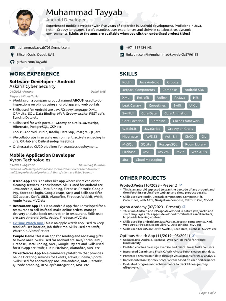 Android Developer Resume - Muhammad Tayyab | PDF | Android (Operating ...