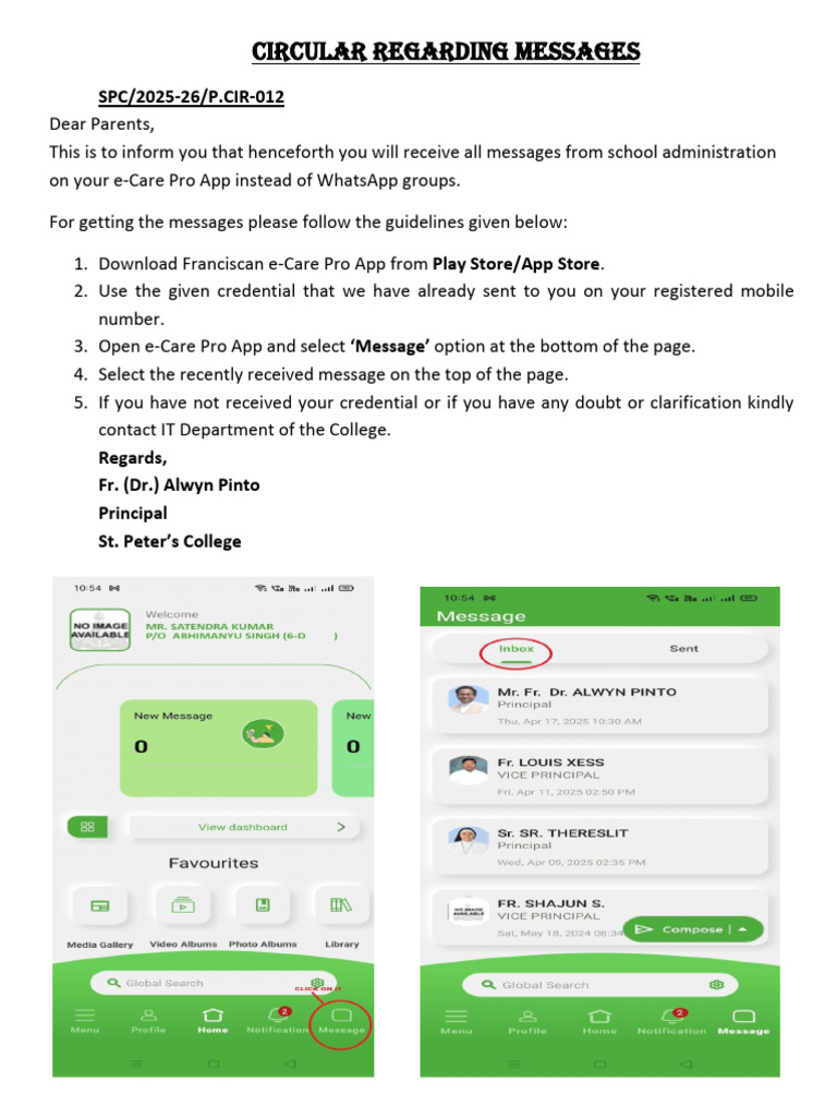 School Message Update via e-Care Pro App | PDF