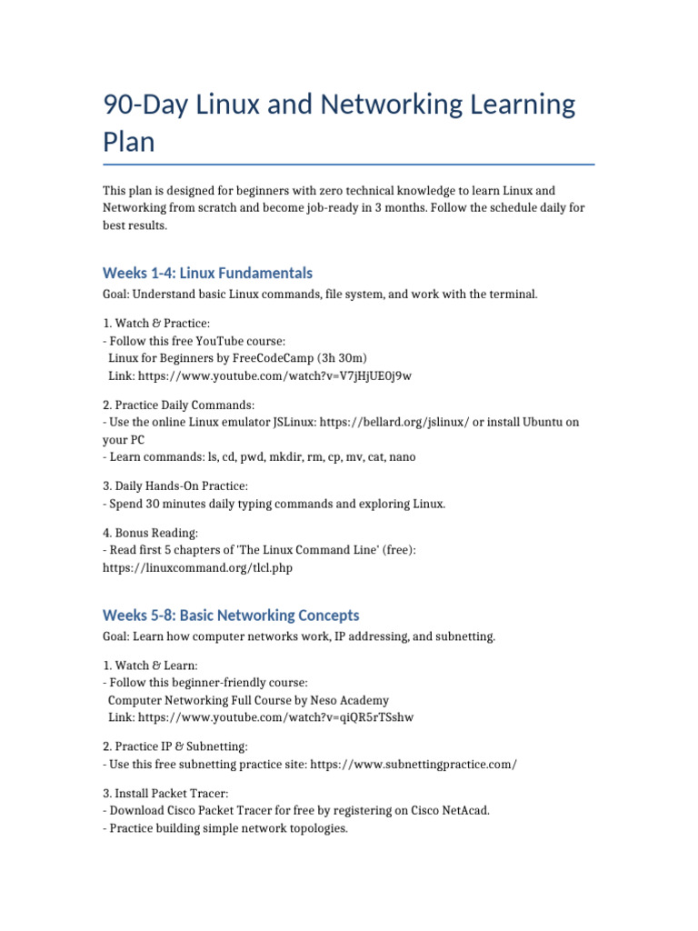 90-Day Linux & Networking Plan | PDF | Computer Network | Linux