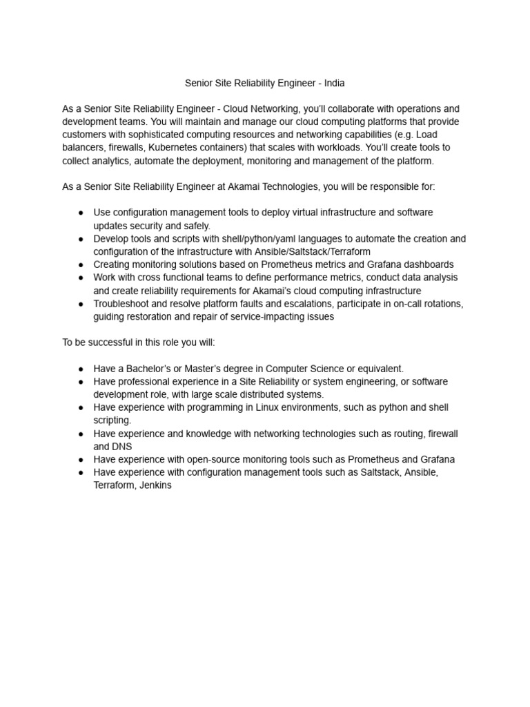 Senior Site Reliability Engineer Role | PDF
