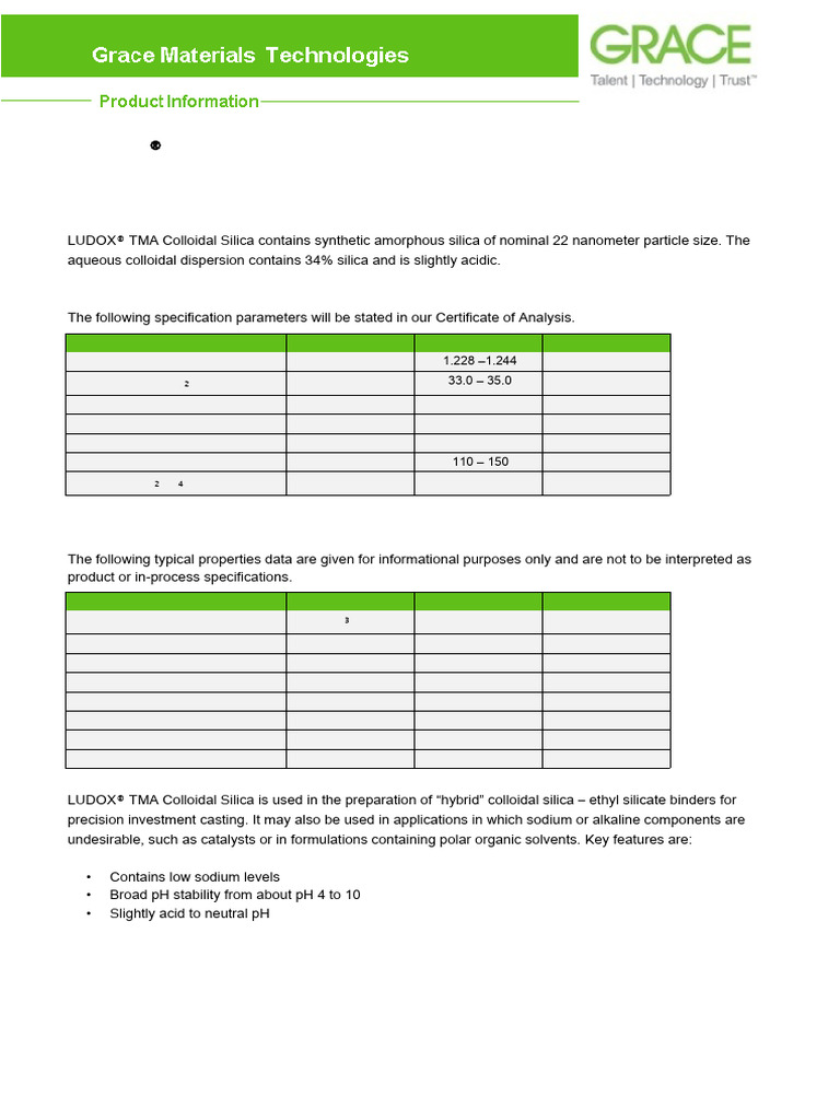 LUDOX® TMA Colloidal Silica Overview | PDF | Silicon Dioxide | Colloid